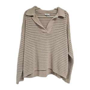 Haven Well Within V-Neck Eyelet Knit Sweater Beige Tan 100% Cotton Women’s Sz XL